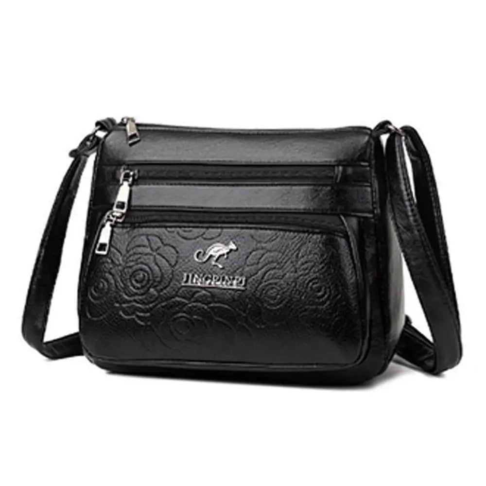 Fashion PU Leather Buying Vegetable Bag Black Large Capacity Middle-aged Mother's Bag Multi-layer Shoulder Messenger Bag Woman