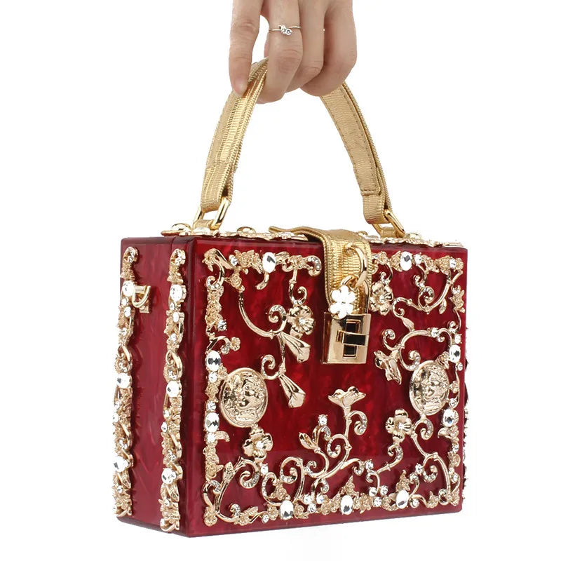 Box Designer evening bag diamond flower Clutch Bag hollow relief Acrylic luxury handbag banquet party purse women's Shoulder bag