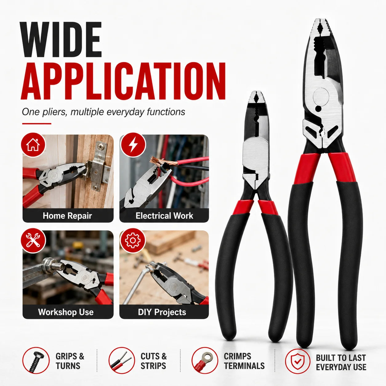 Multi-Disassembly Pliers, Stripped Damaged Screw Remover, Wire Cutter Crimper for Home Electrical Repair, Anti-Slip Grip