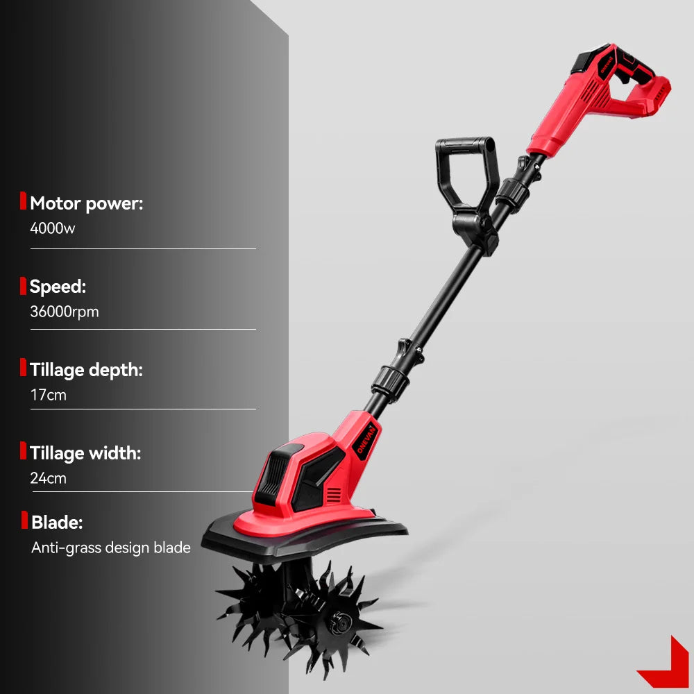 ONEVAN 4000W Electric Tiller Cultivator Portable Grass Trimmer Handheld Cordless Garden Soil Turning Tool For Makita Battery Pin