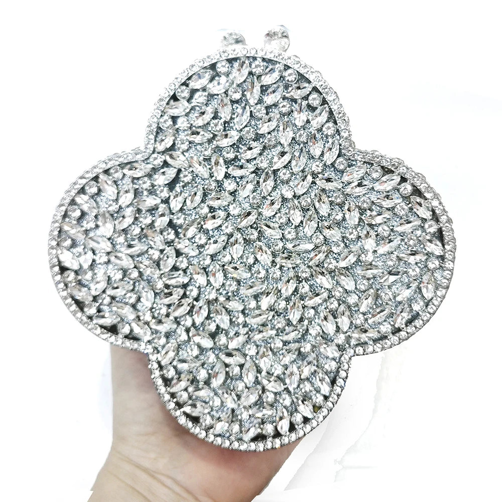 Cloudy Blue Diamond Evening Bag Stones Minaudiere Clutch Silver Crystal Handbag Women Party Prom Bag Bridal Clutches Wedding Pu