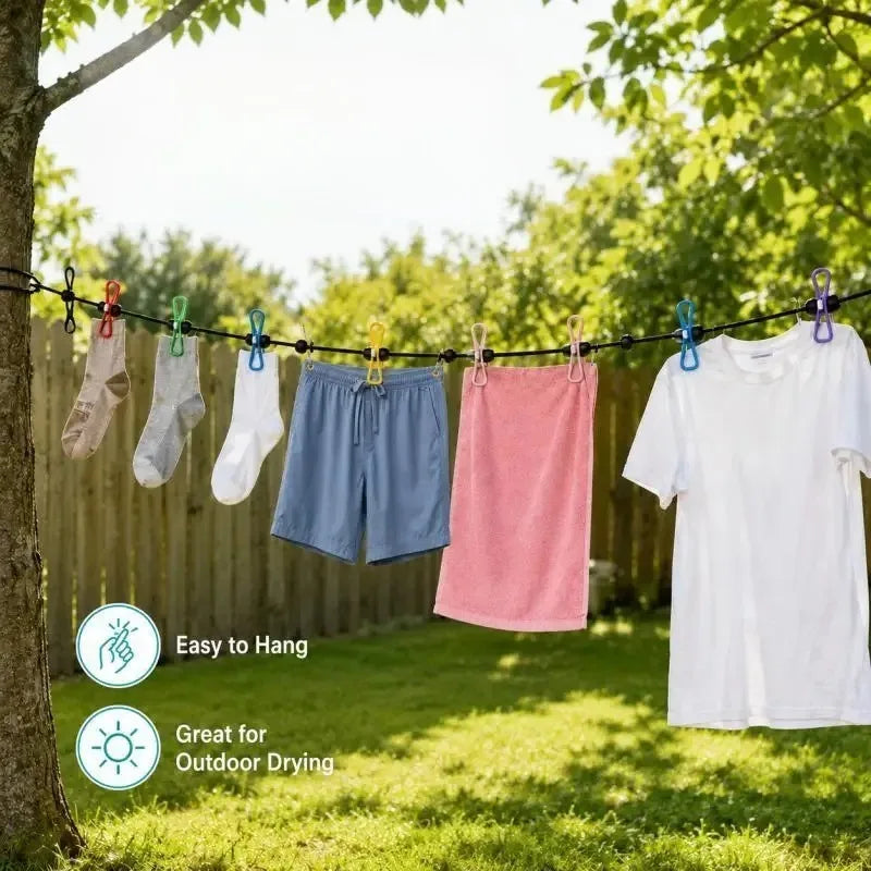 Portable Retractable Travel Clothesline with 12 Clips, Indoor Outdoor Laundry Drying Rope, Camping Accessories
