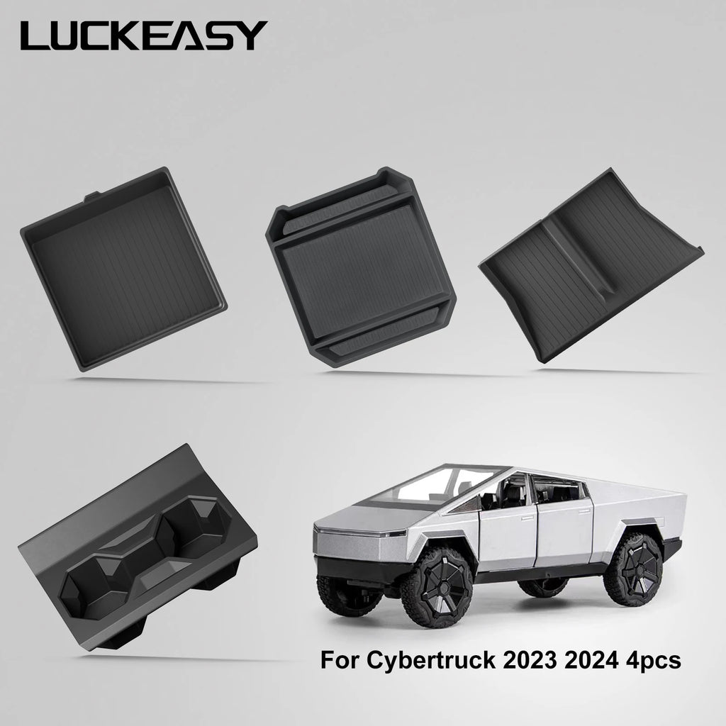 LUCKEASY for Tesla Cybertruck 2024-2026 Car Storage Box Kit Center Console Cup Holder Wireless Anti-slip Mat Accessories 4Pcs
