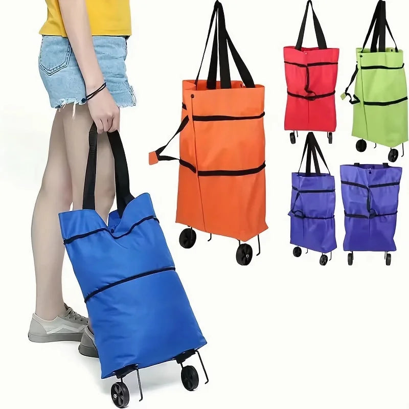 1pc Foldable Handbag, Small Trolley Large Supermarket Shopping Bag, Hand-drawn Grocery Cart Portable Bag