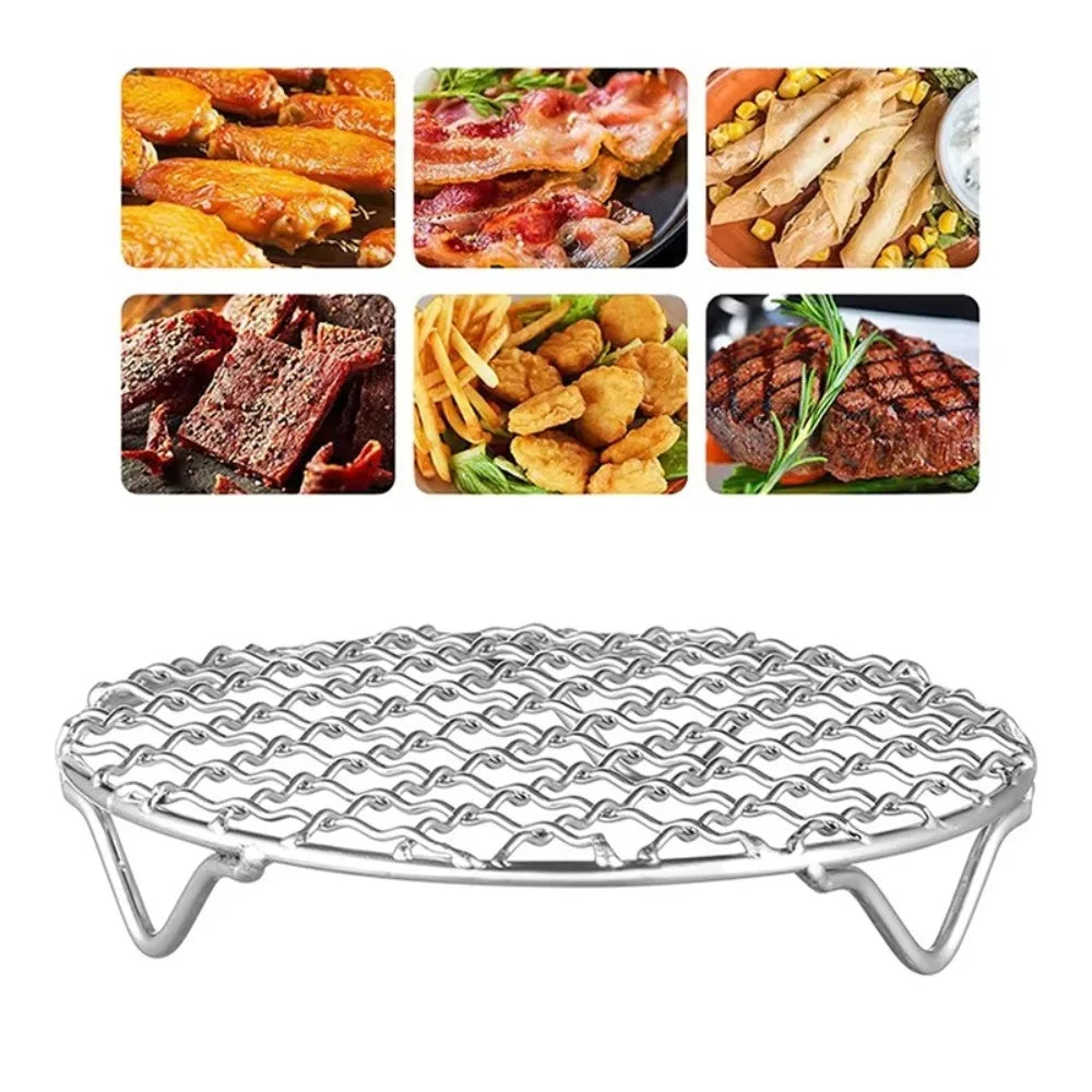 Durable Round Air Fryer Rack Stackable Stainless Steel BBQ Net with Foot Cooling Rack Home Kitchen Oven Steamer Cooker