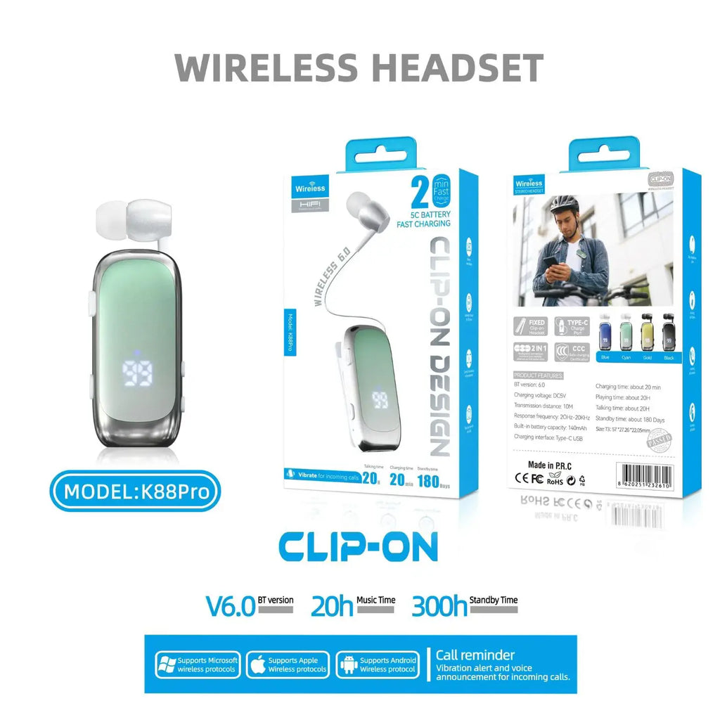 2026 K88pro Hebrew V6.0 Bluetooth Clip on Headset Mini Business Headphones Wireless Earphone Lotus Earbud Handsfree 20H Working