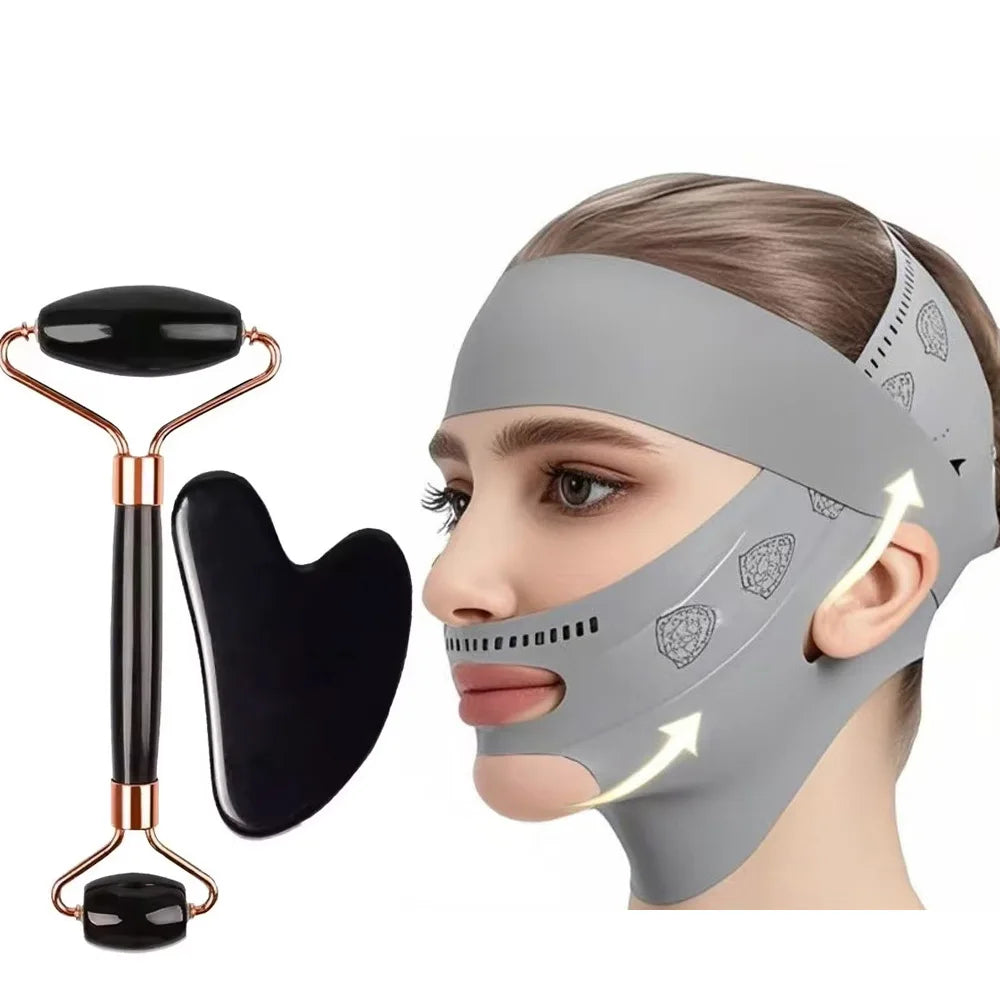 3-Piece Face Sculpting Mask&Face Massage Roller&Gua Sha Tool,Reusable AdjustableV-shaped Face Bandage,Portable Body Massage Tool