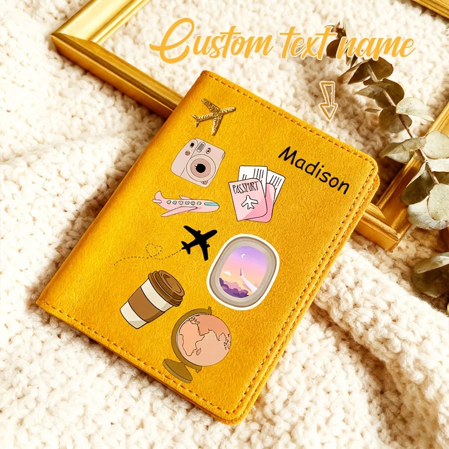 Personalized Name Text Custom PU Passport Holder, Cartoon Pattern Designed Passport Case, Faux Leather Scratch-Resistant