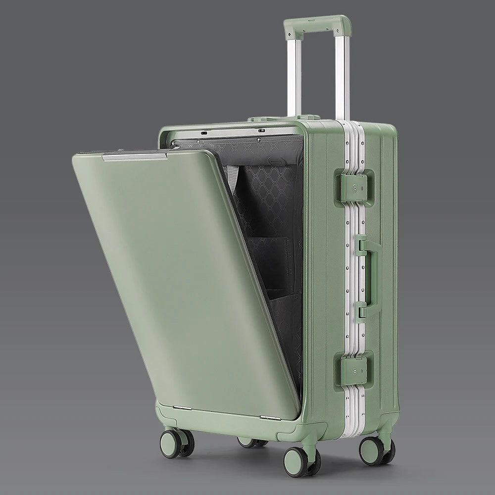 KLQDZMS Front Opening Compartment Multifunctional Aluminum Frame Luggage 20/24/26 Inch  Large Capacity Password Travel Suitcase