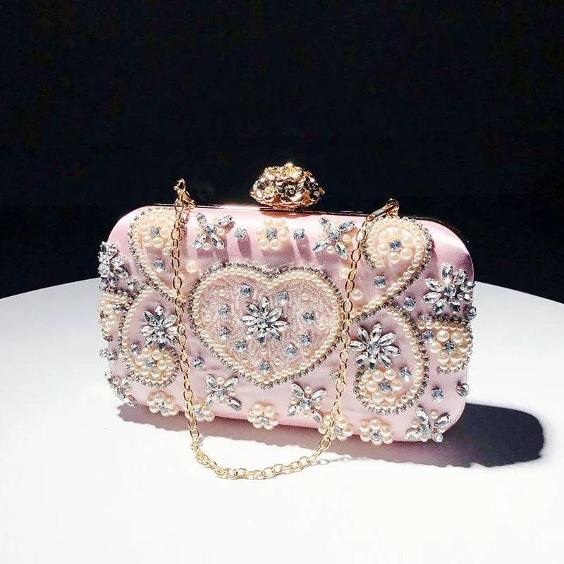 2025 Satin Vintage Women Party Evening Bags Metal Flower Luxury Diamonds Clutch Rhinestones Handbags Chain Shoulder Bag