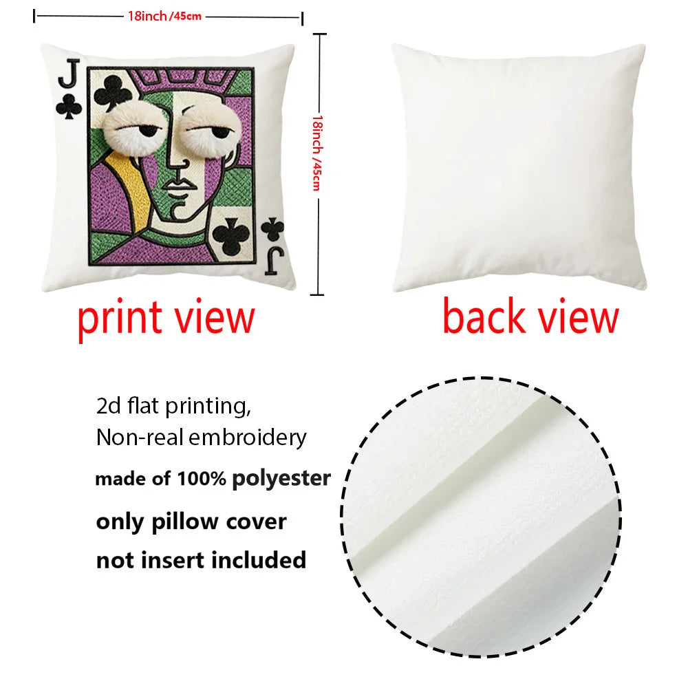 Quirky Game Room Style Pillow Covers, Playing Card Jack Queen King Ace with Plush Face Print Cushion Cases, Cozy Home Decor