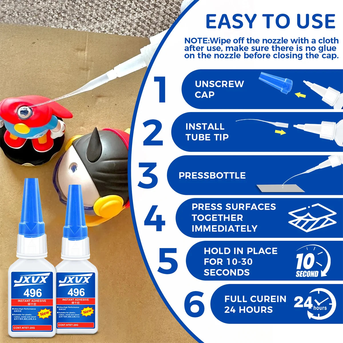 JXVX 496 Super Glue All-Purpose Liquid Glue extra strong Glue Tool 20g - Fast Drying Clear CA Adhesive for Metal,Plastic, Wood, Ceramic, Glass & DIY Repairs Easy Use.
