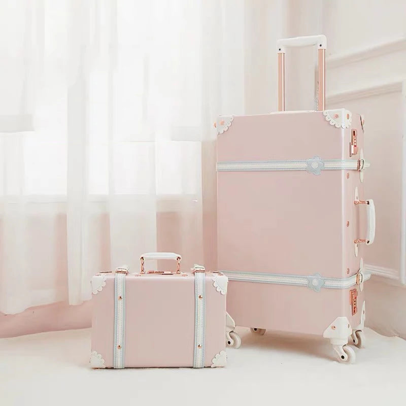 Vintage Luxury Travel Suitcase Set with Handbag PU Leather Trolley Luggage Valise Women Cute Rolling Luggage 20/22/24/26 Inch