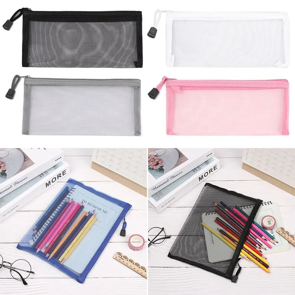 1pc Fashion Solid Color Makeup Cosmetic Handbags Coin Purse Transparent Grid Zipper Pencil Case Cosmetic Storage Mesh Pen Bag