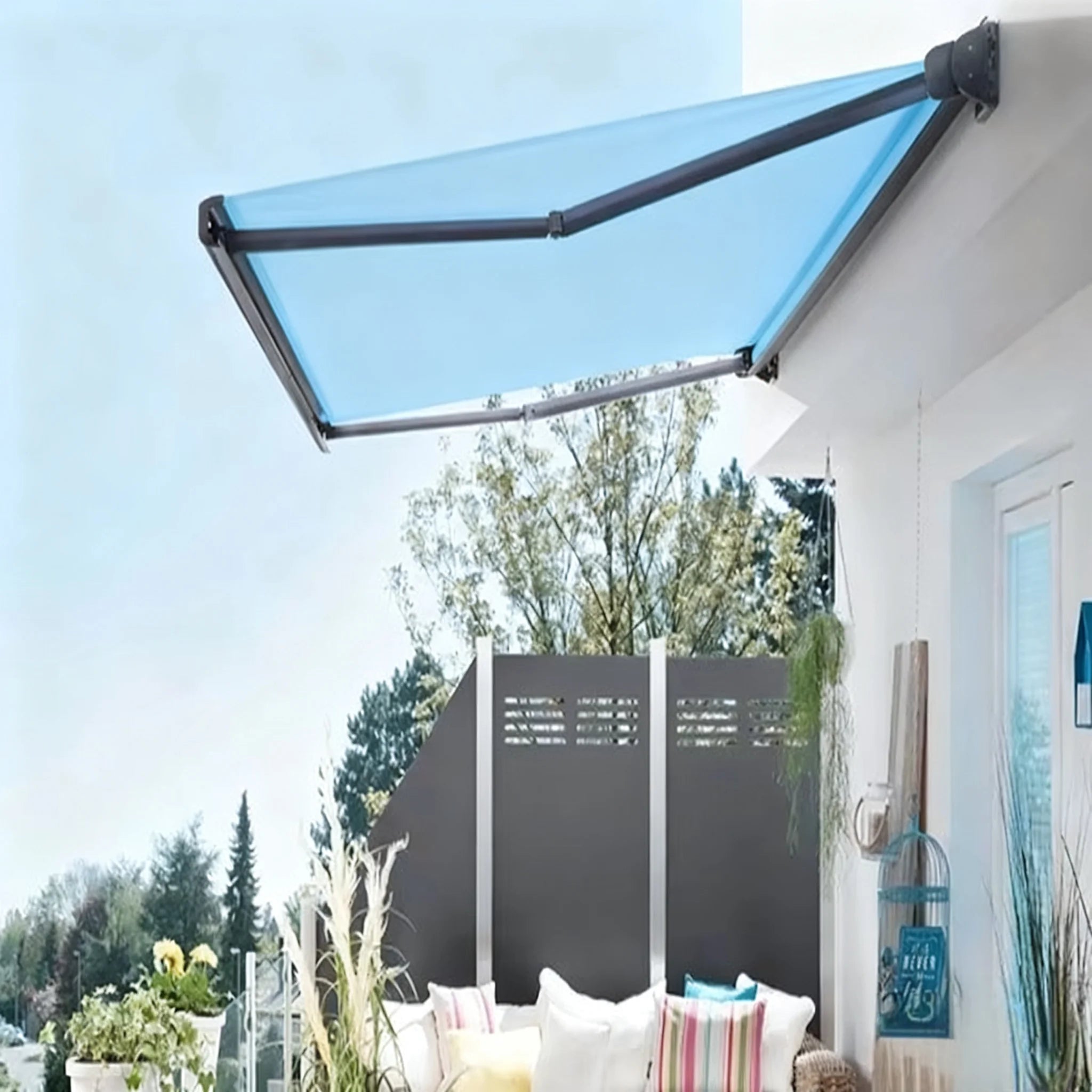Wind Resistant Retractable Awning Aluminum Alloy Frame PVC Fabric Full Cassette Motorized Awning UV Protection Outdoor Canopy