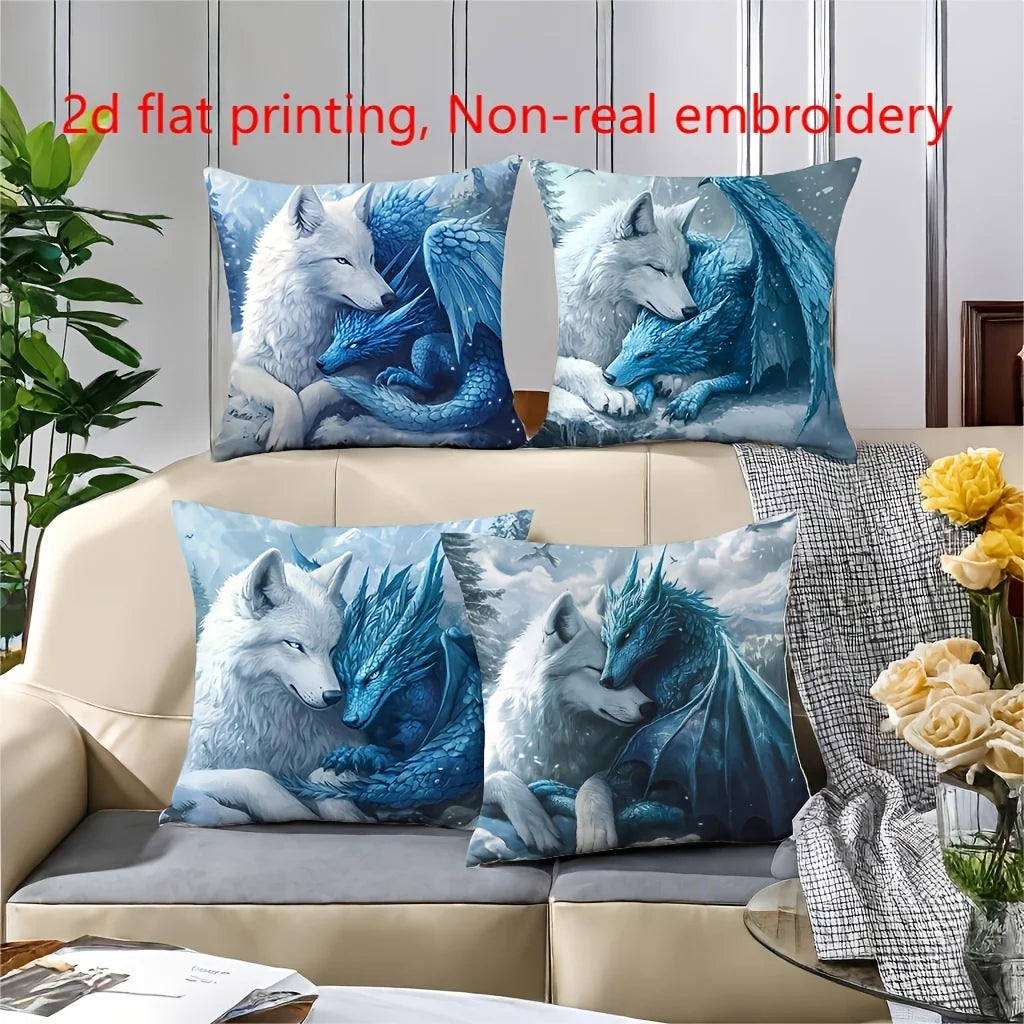 4 pillowcases featuring a design of a white wolf and a blue ice dragon. Comfortable and stylish, decorating your home sofa.