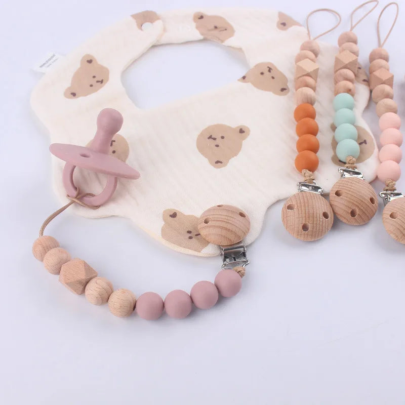 Baby Chain Pacifier Clips Silicone Beech wood Beads Infant Nipple Appease Soother Chain Clips Dummy Holder Nipple Clip Anti-drop