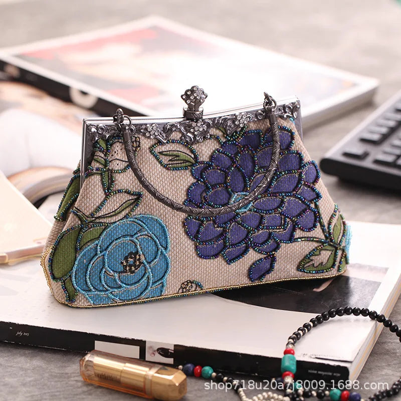Boutique  Chinese Style Embroidery Floral Women Beaded Evening Purse Bridal Flower Clutch Bag Wedding Party Frame Handbag