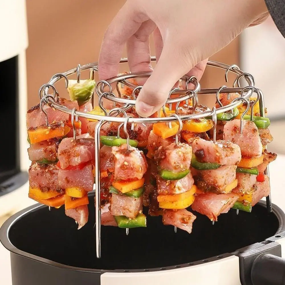 New Stainless Steel Air Fryer Grill Round with Grilled Skewers Barbecue Grill Hanging Skewers Rack for Home Kitchen Outdoor