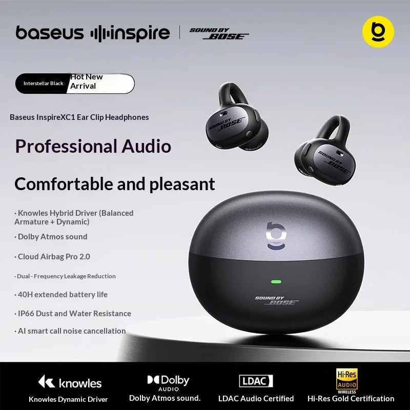 Baseus Inspire XC1 Open Ear Clip Bluetooth Headphones Knowles Hybrid Dual Driver Hi Res Audio LDAC Certified Dolby Audio