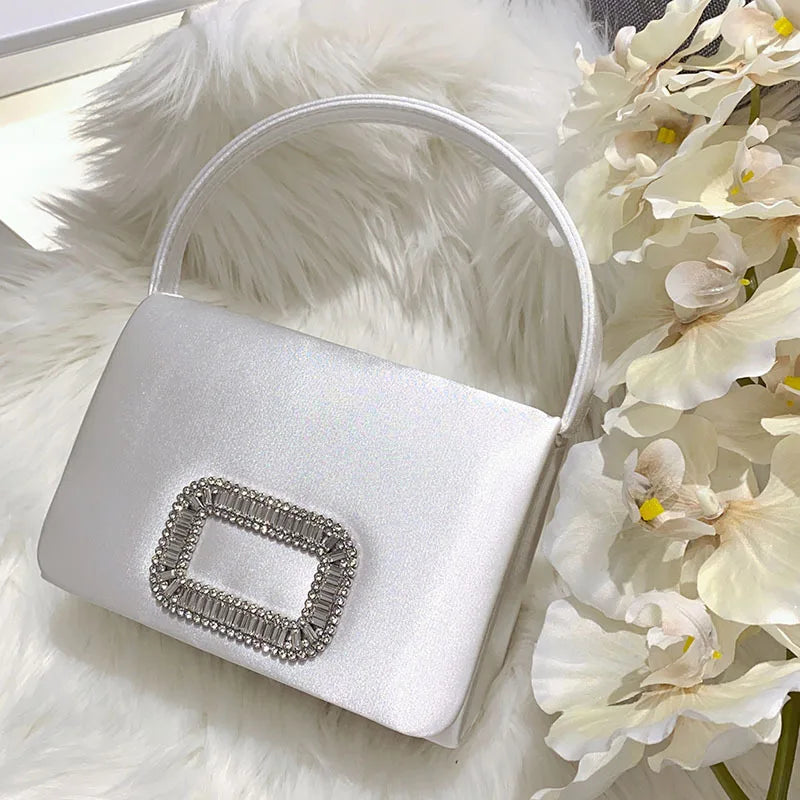 Luxury Diamond Square Button Women's Evening Bag Party Clutch Purses Satin Rhinestone Small Square Bag Chains Shoulder Bag Bolsa
