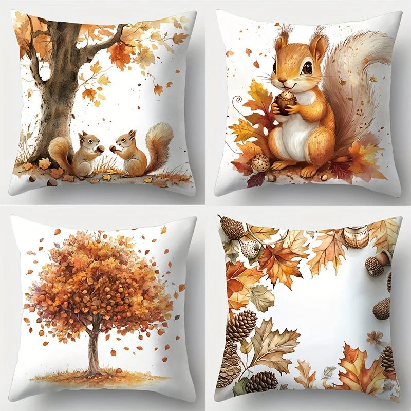 4-piece autumn style squirrel and tree print throw pillow covers, cushion cases, decorative pillowcases for living room decor