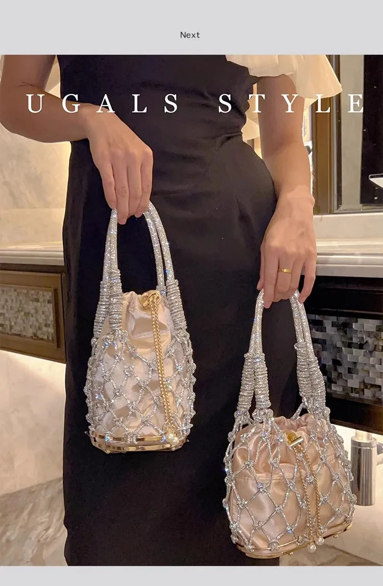 Hollow Out Glitter Rope Woven Handmade Luxury Women's Handbag Shiny Diamonds Evening Bag Wedding Party Clutch Purse Shoulder Bag