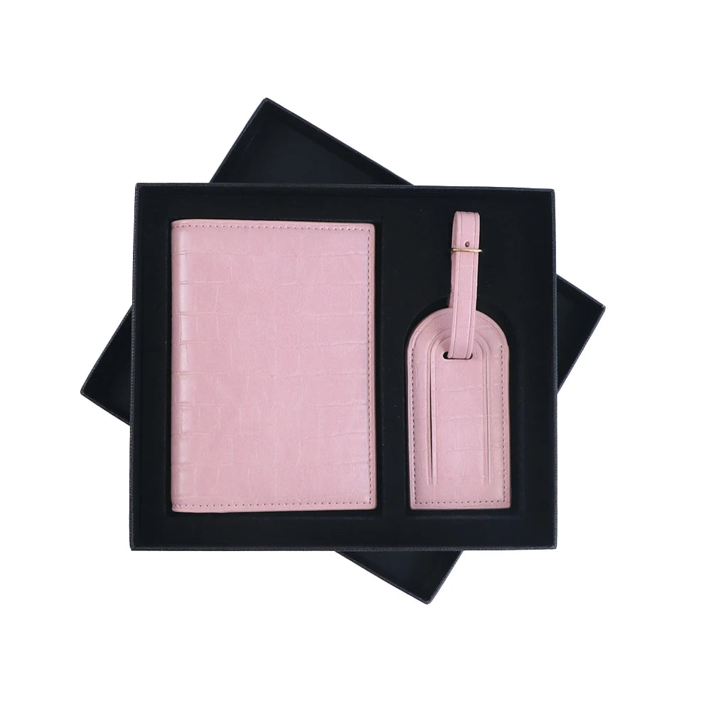 Customized Name PU Leather Crocodile Skin Pattern Luggage Tag + Passport Holder Gift Box Bag Accessories