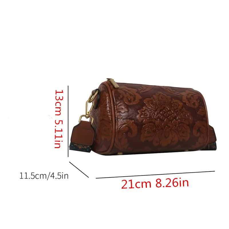 Retro Flower Embossed Cylinder Bag, Classic Textured Zipper Crossbody Purse, With Wide Geometric Pattern Strap Barrel Bag