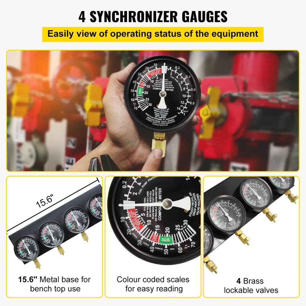 SucceBuy Fuel Vacuum Carburetor Synchronizer Carb Tools sync 4 Gauge Set with Rubber Hose Vacuum Balancer Meter Kit