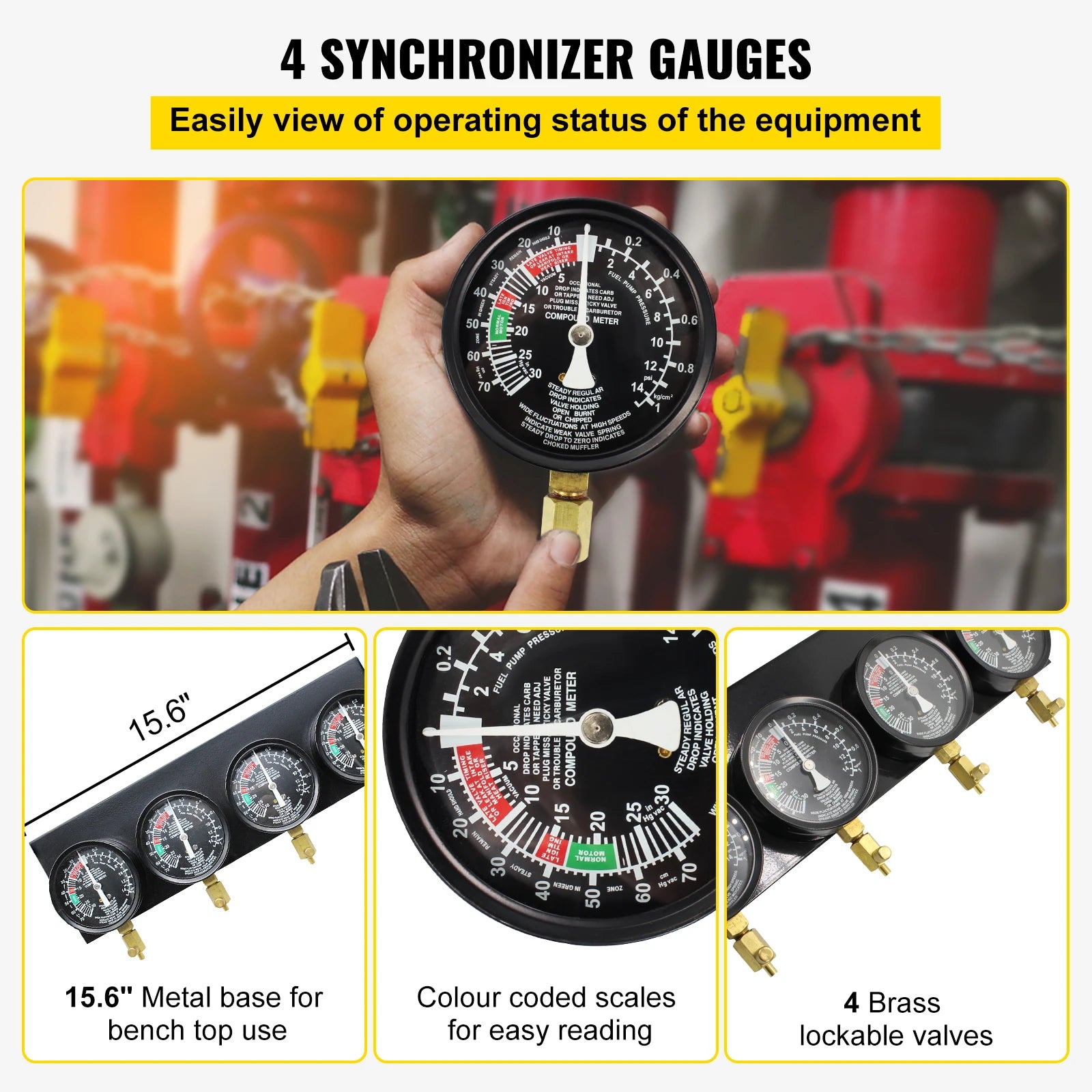 SucceBuy Fuel Vacuum Carburetor Synchronizer Carb Tools sync 4 Gauge Set with Rubber Hose Vacuum Balancer Meter Kit