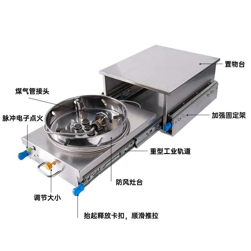 Stainless Steel Outdoor Pull Out RV Gas Stove Slide Out Kitchen Cooktop for Camper Trailer Caravan Motorhome