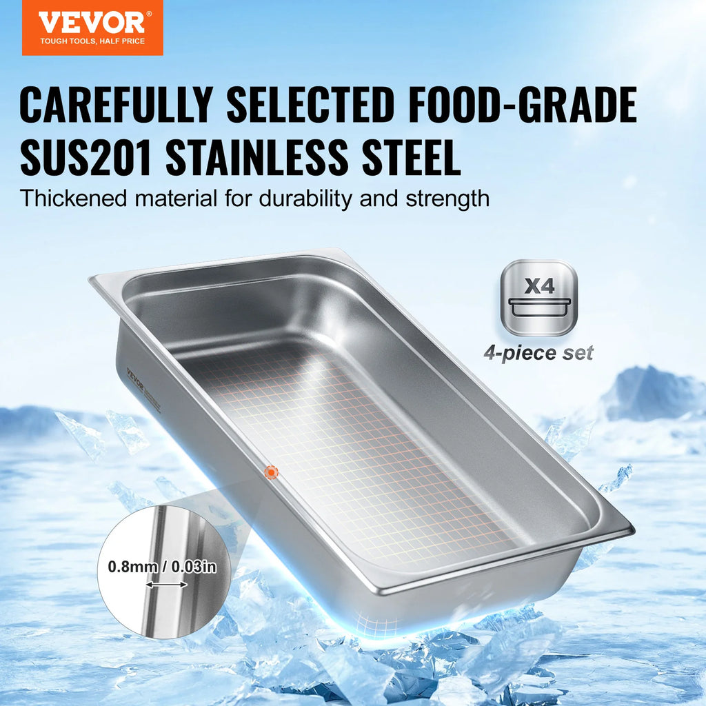SucceBuy 4Pack Hotel Pans Full Size Anti-Jam Steam Pan with Lid Stainless Steel Steam Table Pan 4-Inch Deep Commercial Table Pan