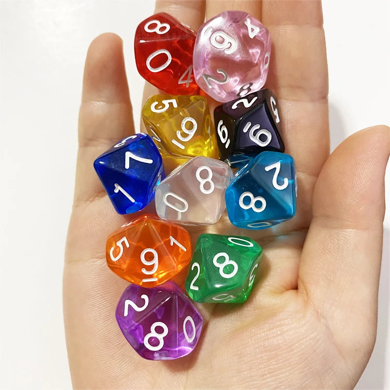 50PCS/lots Colorful Transparent D10 (0-9) Dice For DND Desktop Board Games 10 Sided Dices