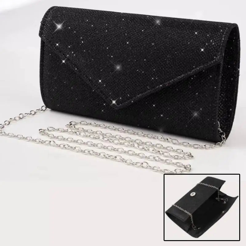 Women Envelope Evening Bag Glitter Ladies Chain Shoulder Bags Shiny Silver Long Purse Female Wedding Party Clutches Mini Handbag