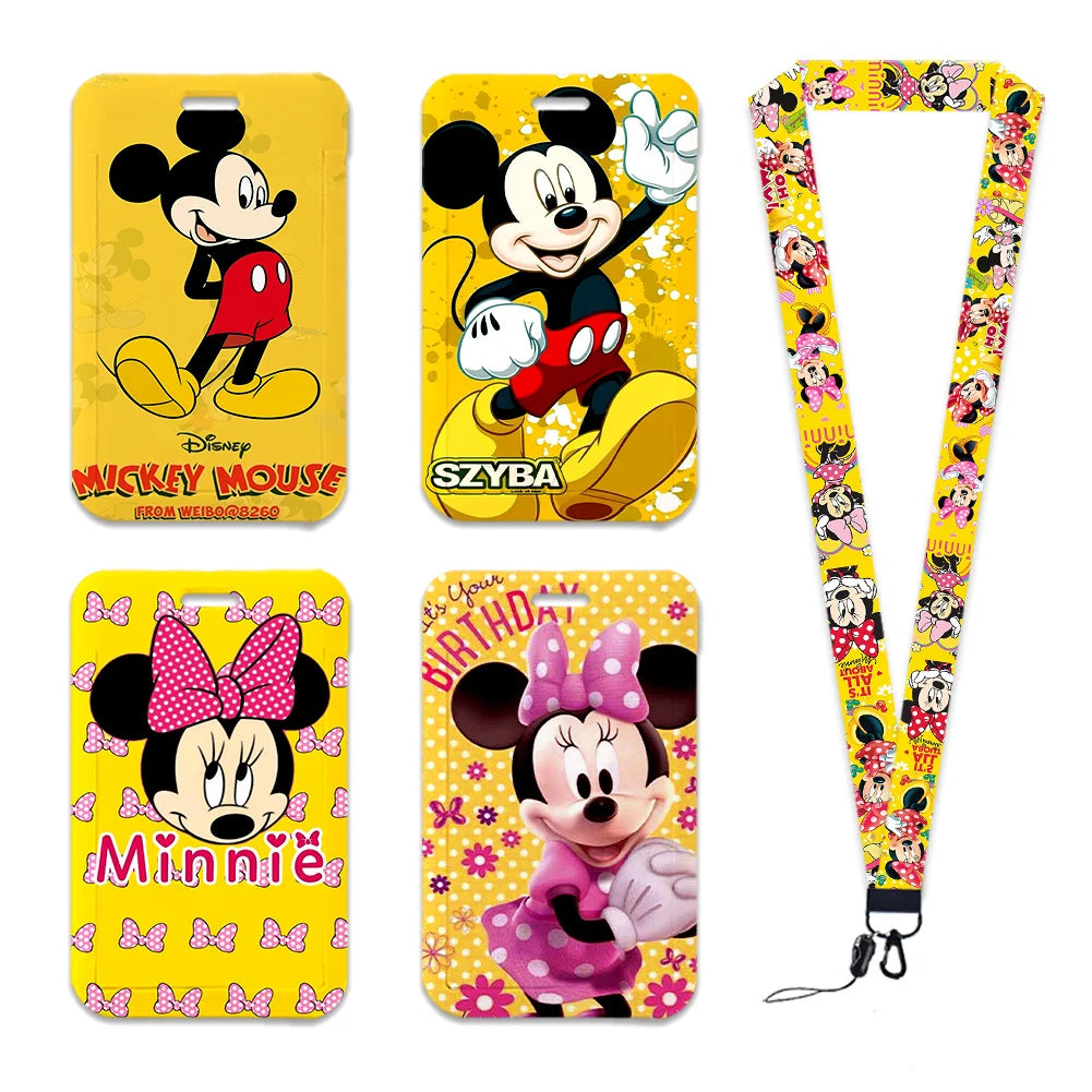 Disney Yellow Series Mickey Minnie Card Holder Work Permit Name Badge with Keychains Student Id Card Lanyard Holder Accessories