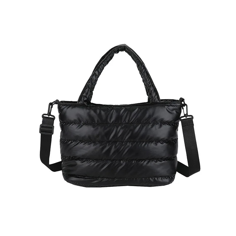 Puffer Quilted Tote Crossbody Bag Adjustable Wide Shoulder Strap Large Capacity Satin Down Handbag for Women Daily Use Commute