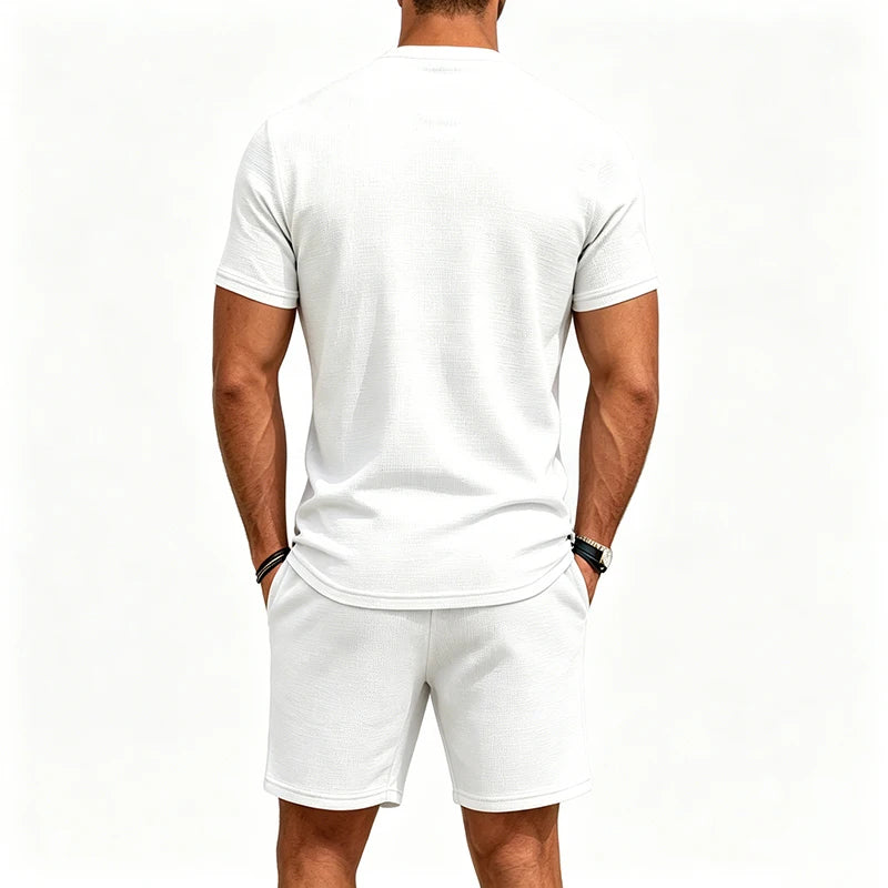 2026 New Men Waffle Knit 2 Piece Outfit Round Neck Short Sleeve Tee Drawstring Shorts Summer Casual Matching Set