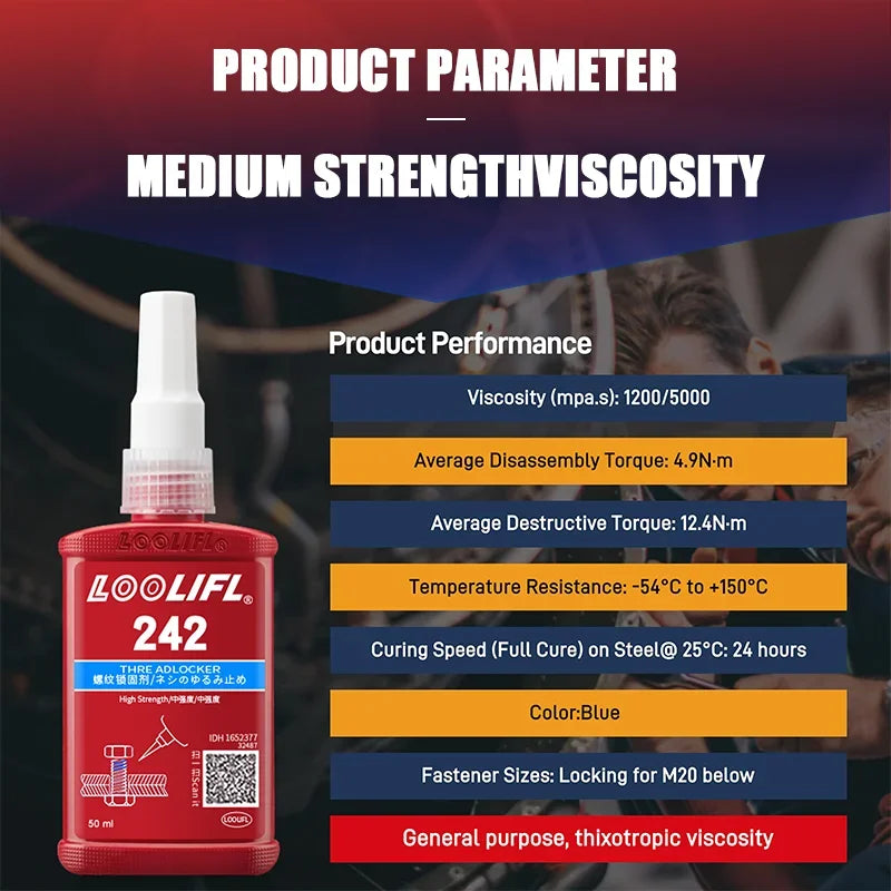 LOOLIFL 242 Threadlocker Blue Medium Strength | Removable with Hand Tools | Anti-Vibration & Oil Resistant | Works from -54°C to 150°C | 50ml Bottle | CE Certified  | Fast Worldwide Shipping | Best Price Guarantee!