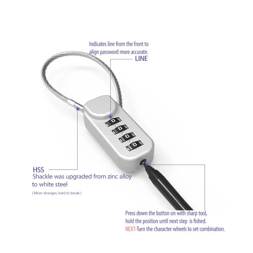 Durable 4 Digit Combination Code Number Lock With Spring Coil Anti-theft Cable Code Lock Wire Rope Password Lock Zipper Bag