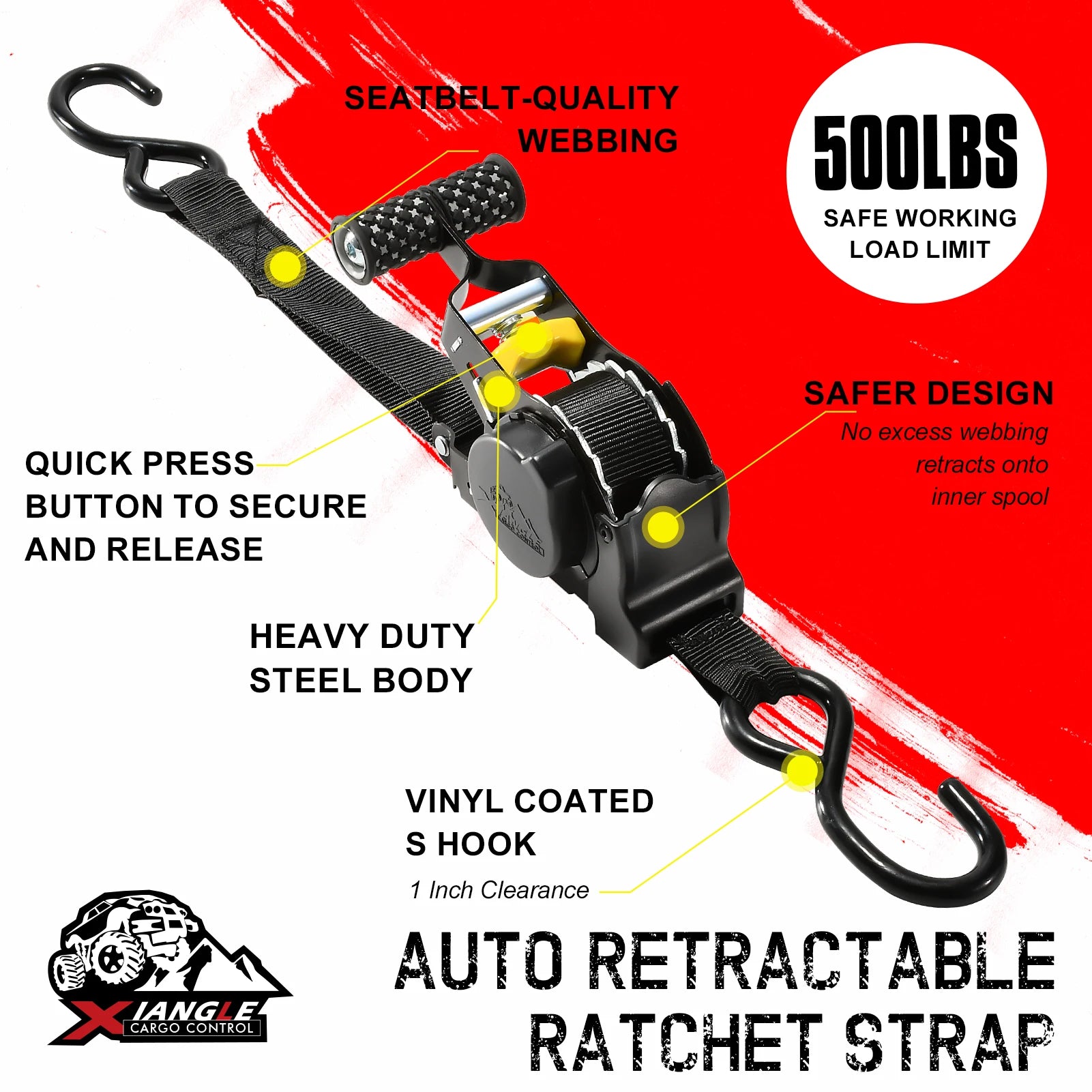 1" X 10ft Automatic Retractable Ratchet Strap 25mm 680kgs Self Retracting Tie Down Auto Retractable Ratchet Straps With S Hook