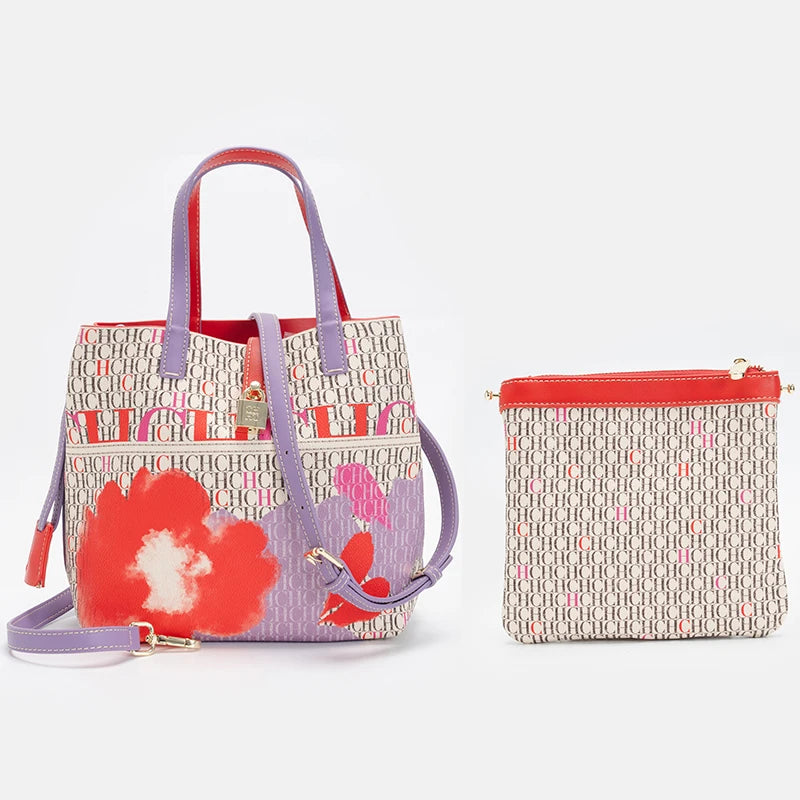 CH Letter Print Tote Bag Set 2 in 1 Large Capacity Women Handbag with Detachable Strap + Mini Clutch Casual Office Shopping Bag