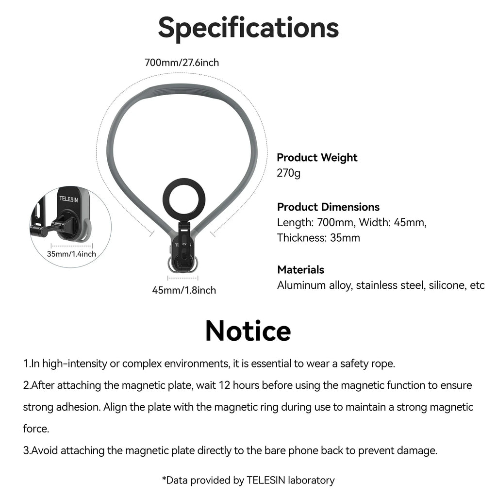 TELESIN Max Magnetic Neck Mount Silicone Quick Release Hold for Iphone 15 14 13 12 11 10 SAMSUNG HUAWEI XIAOMI Phone Accessories
