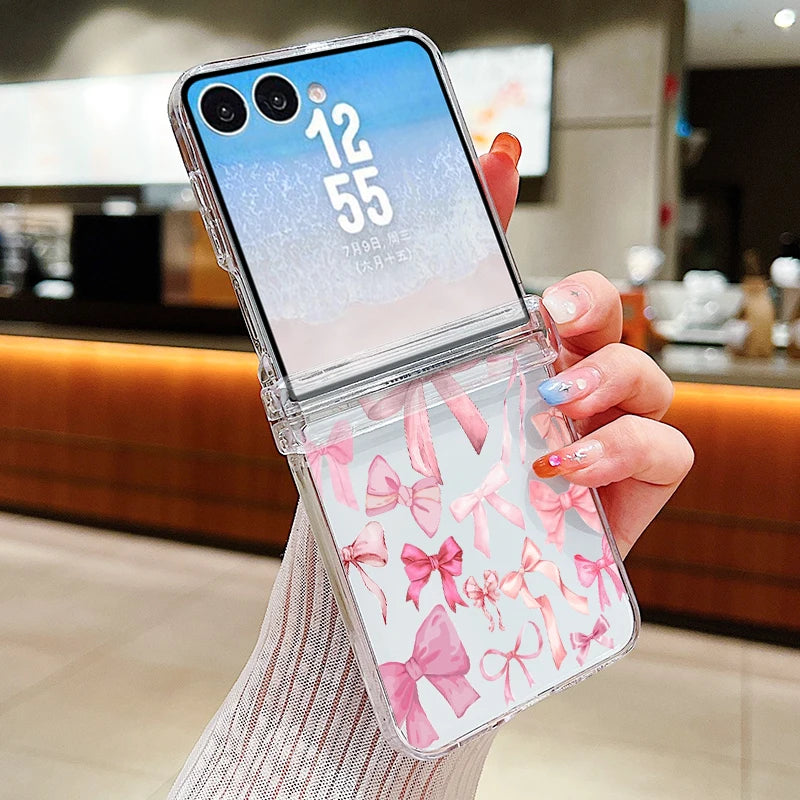 Cup Bowknot Pattern Phone Case For Samsung Galaxy Z Flip 7 FE 8 6 5 4 3 5G Flip7 Flip6 Flip8 Clear Shockproof Folding Hard Cover