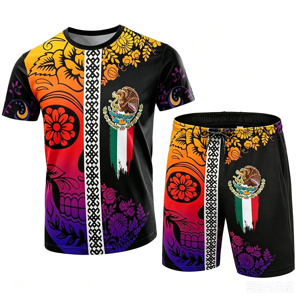 Mexico National Flag Pattern Men's Sets Fashion 3D Eagle Printing Short Sleeve Tees and Shorts 2 Piece Casual Loose Summer Suits