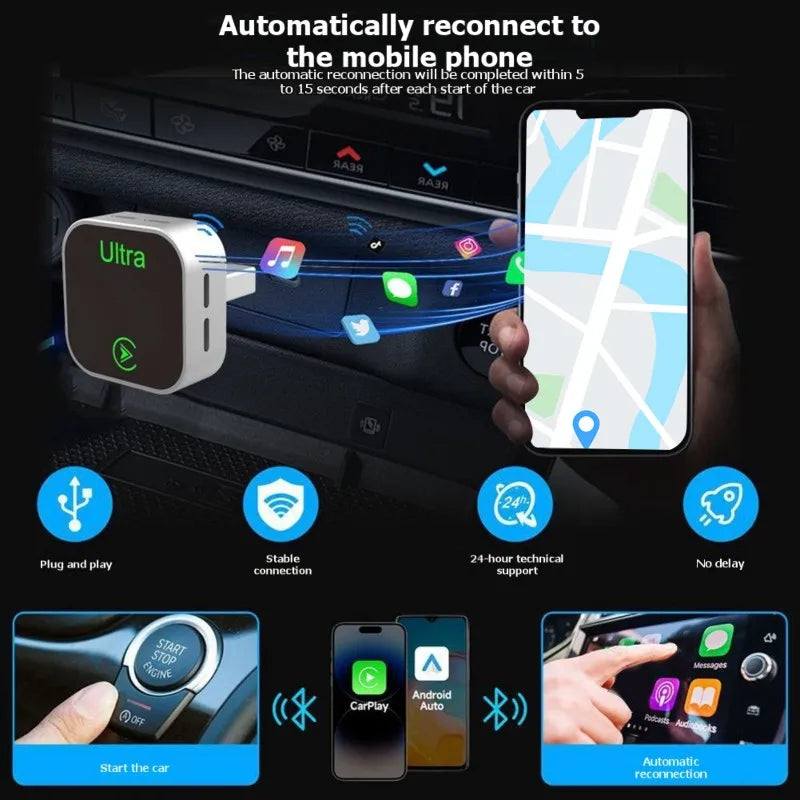 Define Upgraded For IOS& Android Auto Compatible Wireless Carplay Adapter Fast Auto-Connect, Mini Size Plug& Play For Car System