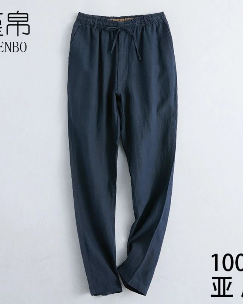 Men's Cotton Linen Solid Color Casual Pants with Elastic Waist Street Wear Jogging Loose Sports Pants