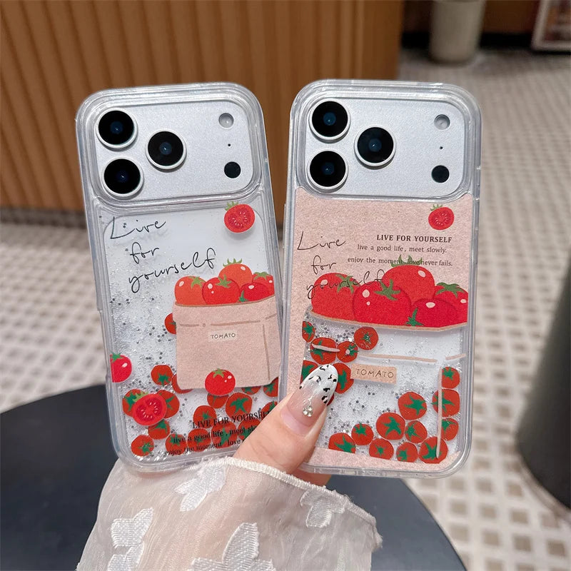 Floating Tomato Quicksand Case for iPhone 15 16 17 Pro Max Phone Cases Liquid in Shell Back Cover Glitter Moving Sand Funda Girl