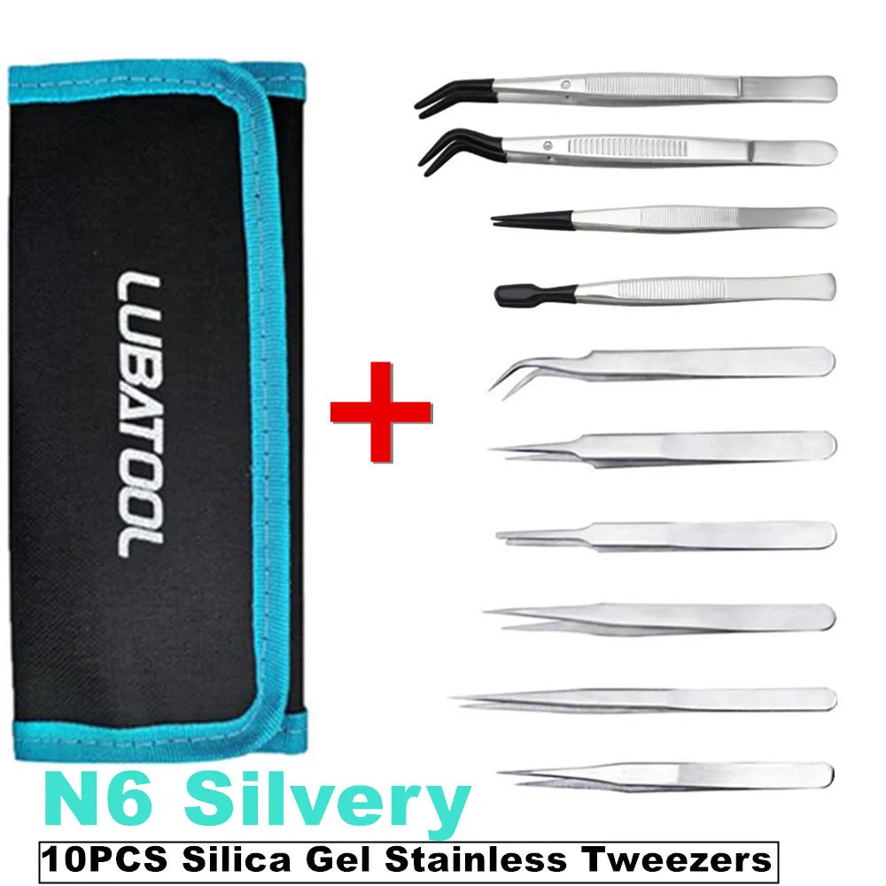 10Pcs Tweezers Set With Bag Ceramic Industrial Electronic ESD Stainless Steel Anti-Static Precision Tweezer Kits Repair Tools