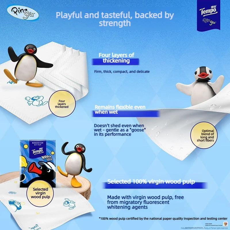 Tempo X Pingu Pocket Tissues, 4-ply Thick Soft Paper Handkerchiefs, 12-pack Portable Printed Facial Tissues For Daily Use